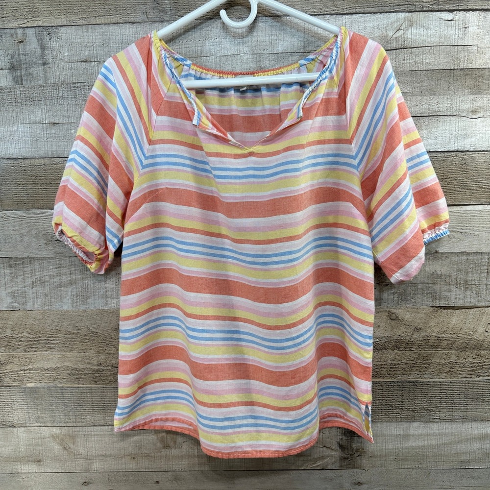 Talbots Pastel Striped Linen Blend V-Neck Puff Sleeve Top Lightweight Size M